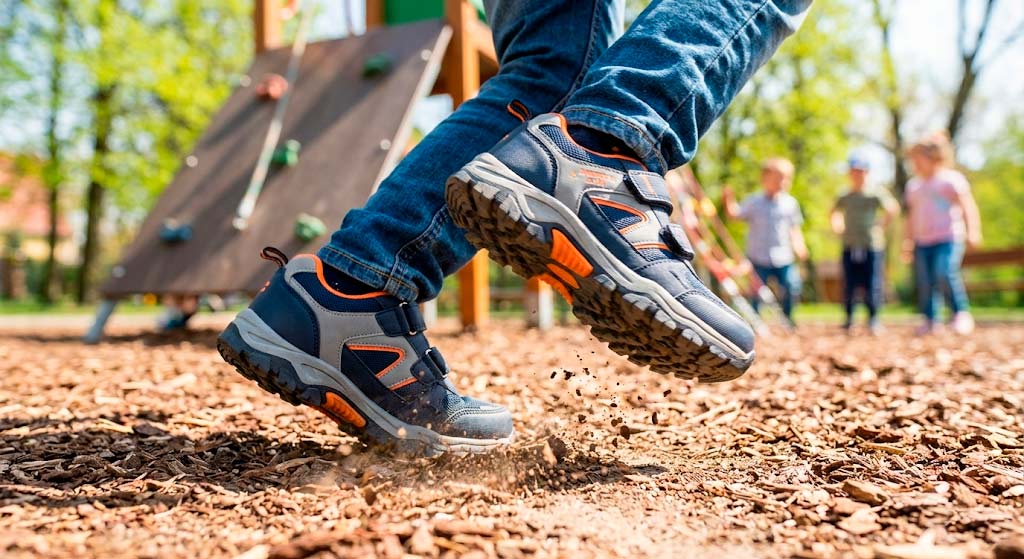 Ребенок в демисезонных кроссовках American Club играет на улице